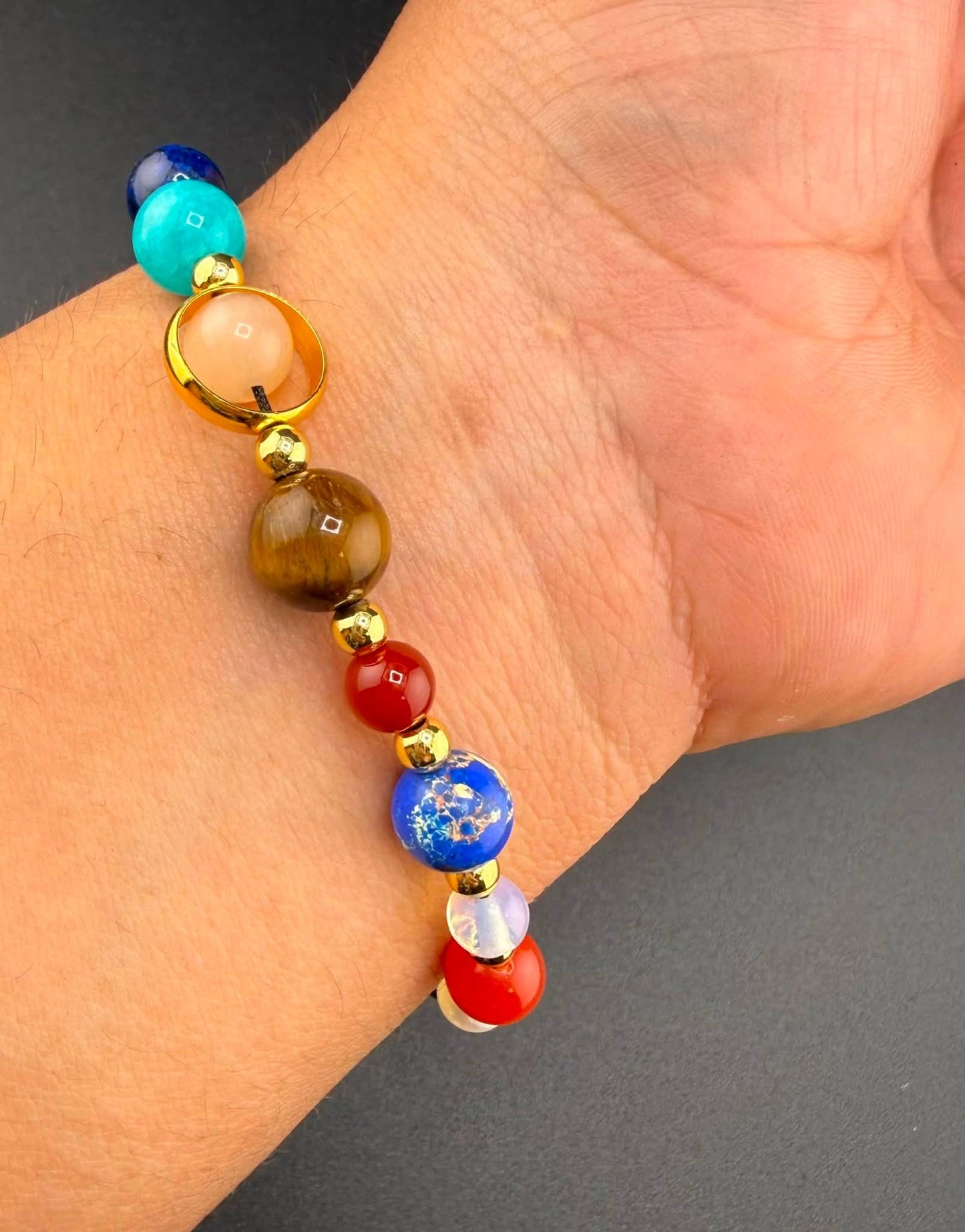 Solar System Blue Goldstone Stone Beaded Adjustable Bracelet