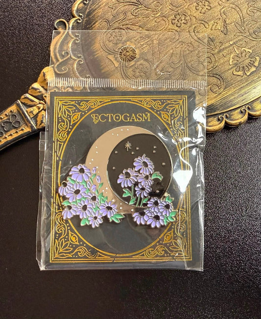Ectogasm Crescent Moon and Purple Flowers Enamel Pin