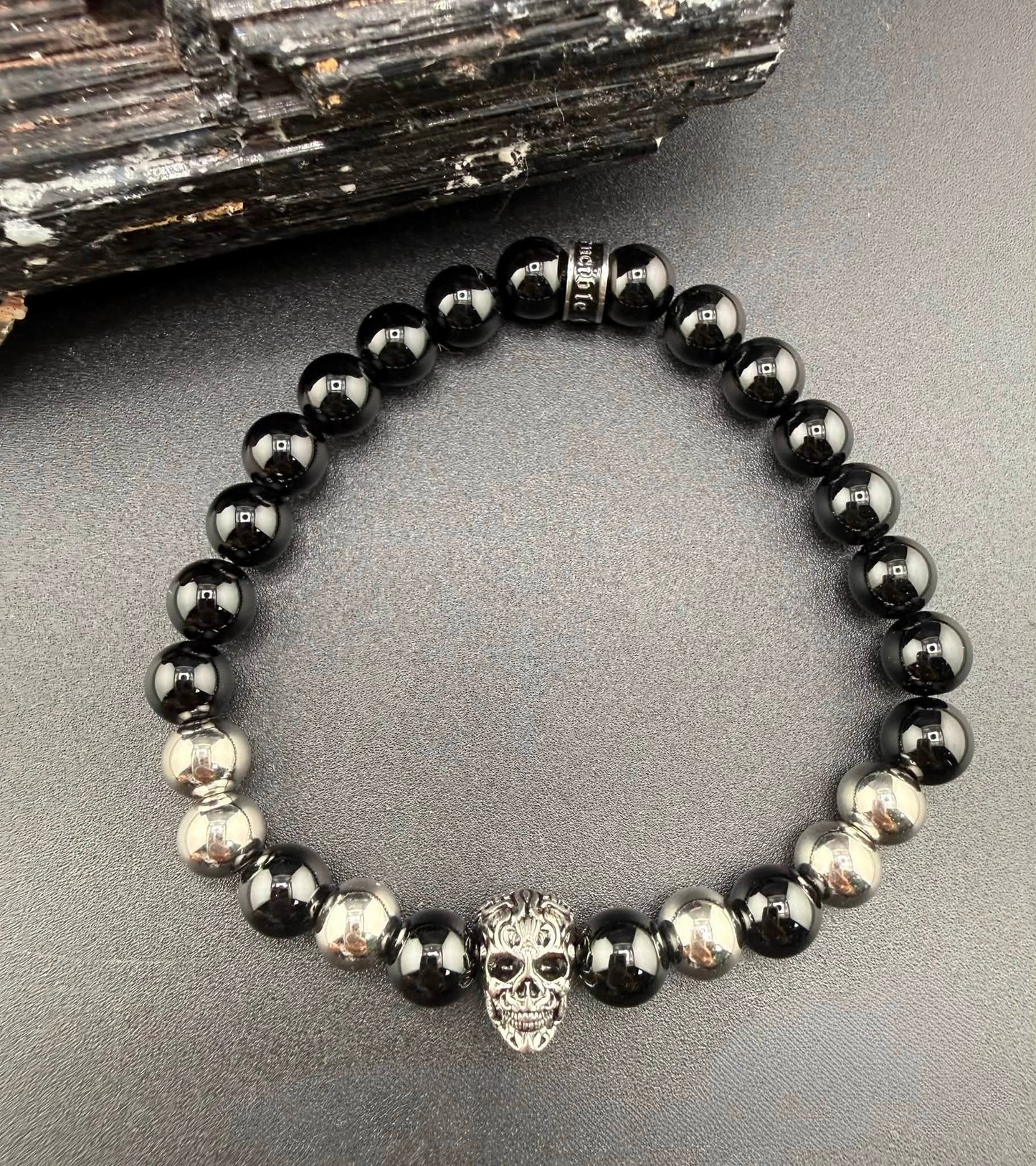 Crucible Stainless Steel Skull & Onyx Stone Bracelet