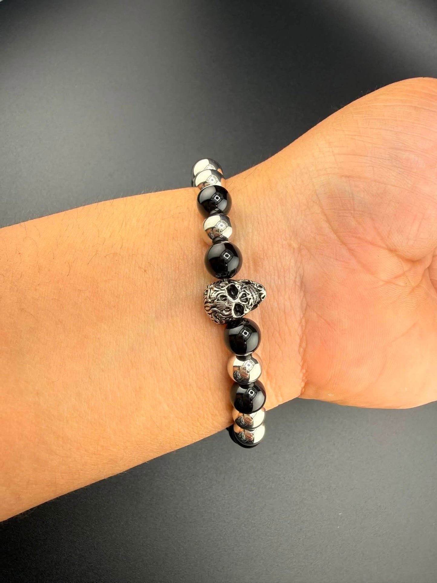 Crucible Stainless Steel Skull & Onyx Stone Bracelet