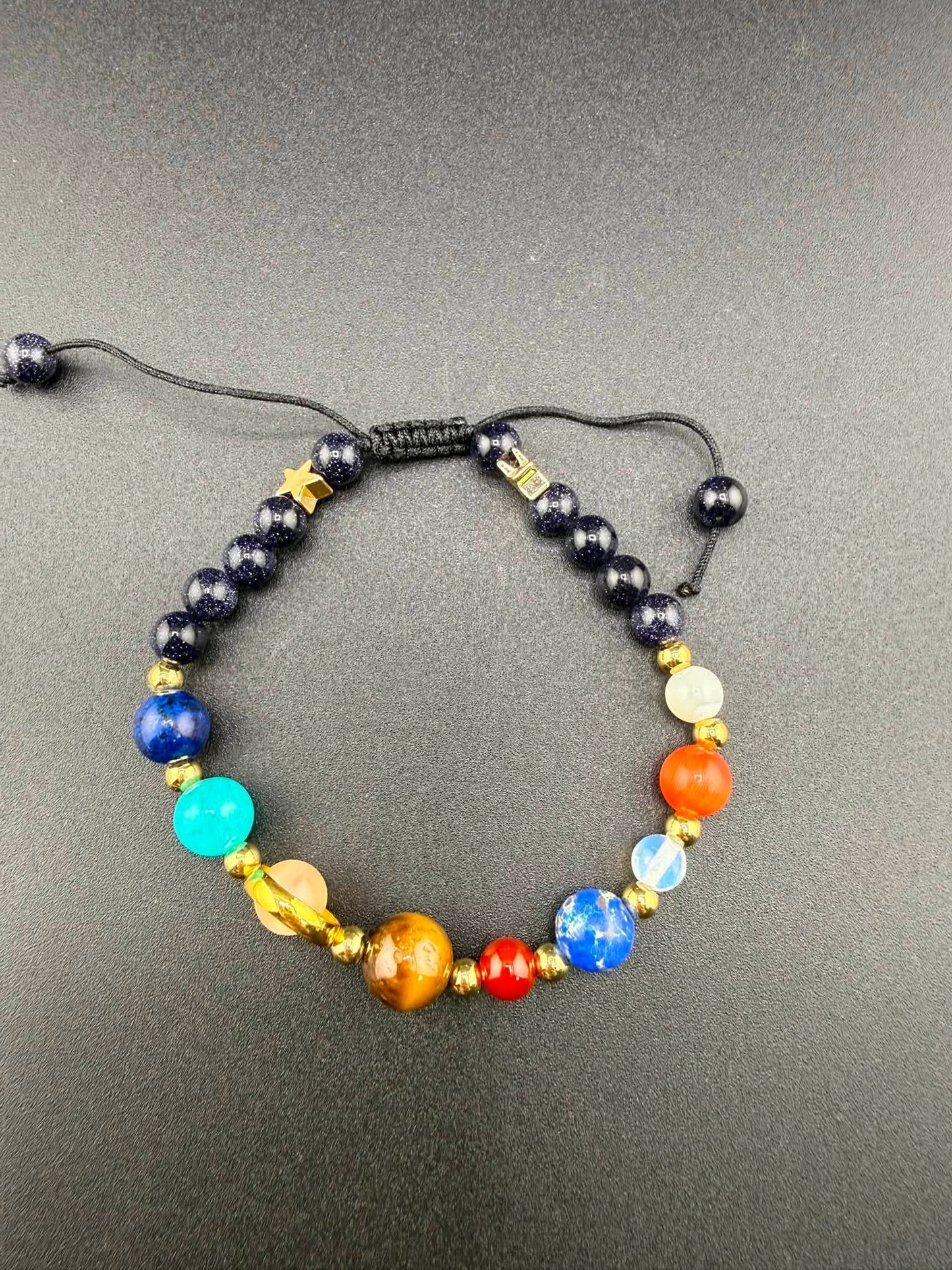 Solar System Blue Goldstone Stone Beaded Adjustable Bracelet